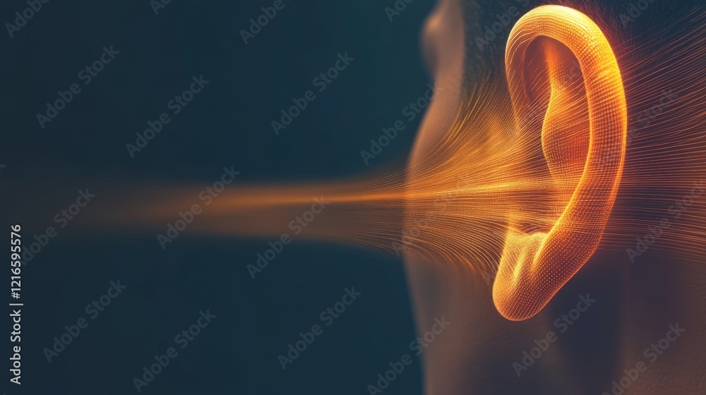 Poster golden streams of sound waves are entering a human ear, symbolizing the process of auditory percepti