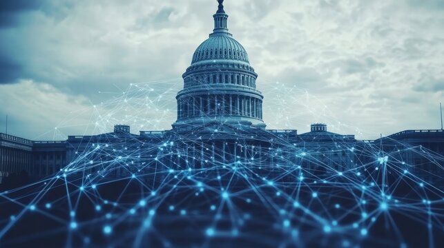 United States Capitol and Digital Network Concept of Technology, Politics, and Government.