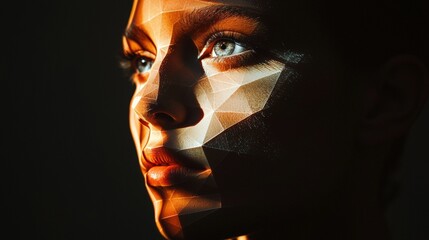 Obraz premium A close-up of a woman's face illuminated by geometric light patterns, highlighting her striking blue eyes and creating a dramatic, artistic effect.