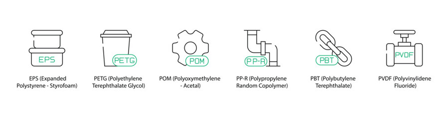 Expanded Polystyrene, Polyethylene Terephthalate Glycol-Modified, Polyoxymethylene, Polypropylene Random Copolymer, Phenolic Plastic Thermoset, and Polyvinylidene Fluoride Icons - Vector Illustration