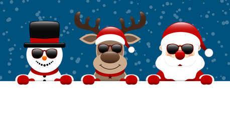 Schneemann Rentier Und Weihnachtsmann Sonnenbrille Halten Banner Schnee Dunkelblau Dunkelrot