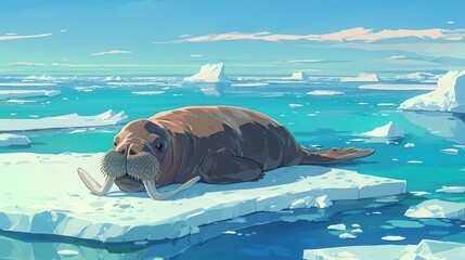 Fototapeta premium A serene walrus resting on an ice floe in a tranquil Arctic landscape with distant icebergs