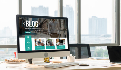 blogging concept, web blog Social Media Information network snugly. social media online content, freelance worker, working online, content creator, blogger, website, reading blog online on computer