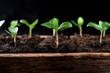 A picturesque scene of young plants sprouting from rich, dark soil in a rustic wooden planter box, illustrating the simplicity and beauty of cultivating life.