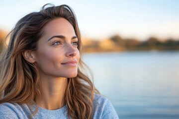 Fototapeta premium A joyful young woman enjoys a moment of connection with nature by the tranquil waters, capturing a sense of freedom and relaxation in an idyllic outdoor setting.