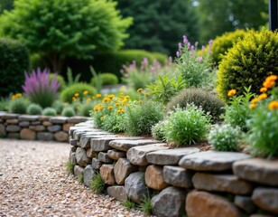 Landscaped garden with curved stone retaining wall. Planting perennials, rock gardens. Gravel path. Natural look. Beige, grey tones. Good for country style homes, landscaping projects. Tranquil space