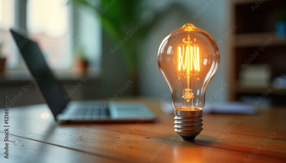 Poster glowing light bulb sits on wooden table. home office setting. laptop visible in background. scene ev