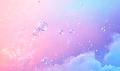 Iridescent Soap Bubbles Floating in Pastel Pink Blue Sunset Sky Abstract Texture Dreamy Background Concept, Generative AI