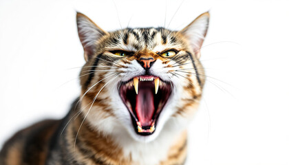 Fototapeta premium angry cat the cat is angry bares its teeth hisses isolated on a white background close up ai generative