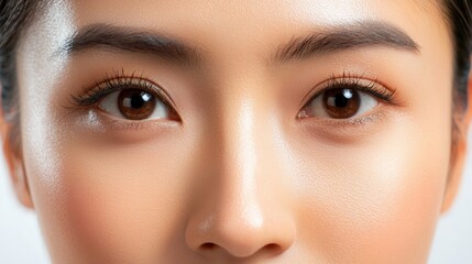 Naklejka premium Close-up portrait of a young woman with expressive eyes indoor studio bright lighting intimate viewpoint