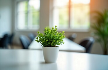 Small plant in white pot on table in front of cafeteria. Sunlight streams through window. Peaceful, minimalist indoor scene. Perfect for modern workplace home office. Eco-friendly decoration. Fresh