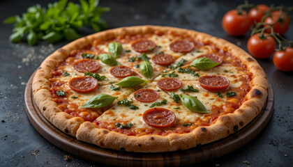 Hot tasty traditional italian pizza with salami, cheese, tomatoes greens on a dark background.