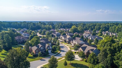 aerial view of a suburban neighborhood with lush green trees and houses with paved roads