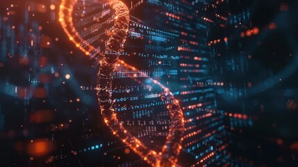 Fototapeta premium Abstract representation of DNA structure intertwined with digital data in a futuristic environment