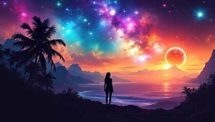 a silhouette of a woman standing on a tropical planet and gazing at the colorful galactic neon sky and different planets generative ai