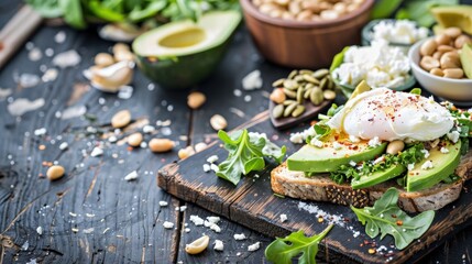 Delicious Toast Topped With Avocado, Poached Egg, and Chili Flakes Served With Healthy Greens and Nuts for Breakfast