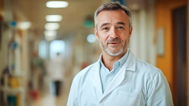 A healthcare worker stands confidently in a hospital hallway, wearing a lab coat and smiling at the camera. Other medical staff can be seen in the background, focused on patient care.