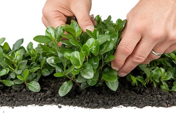Close-up Hands Planting Lush Boxwood Hedge Row on Dark Soil