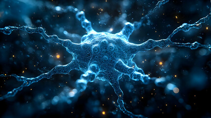 Glowing Blue Neuron Cell Microscopic View, Intricate Neural Network Connections, Detailed 3D Rendering