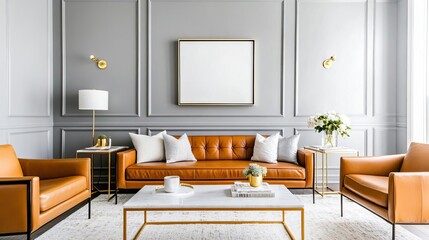 Fototapeta premium Living room with warm gray walls, caramel leather seating, and brass decor