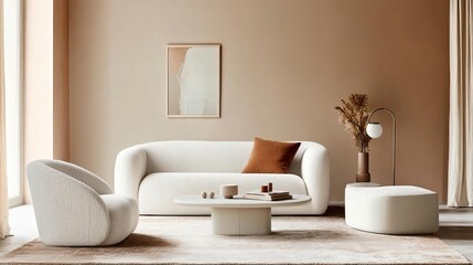 Lounge with neutral colors, sculptural furniture, and bold warm-toned decor