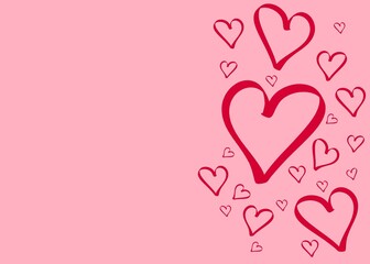 Red and pink heart shapes for romantic greeting card. Happy Valentine's Day holiday lettering. Drawn text for card, banner, poster design and social media post.