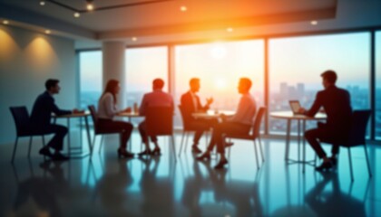 Fototapeta premium Business professionals sit around table in modern office space. Focused discussion amongst colleagues. Sunrise view through large windows. Collaboration. Teamwork in action. Strategy session.