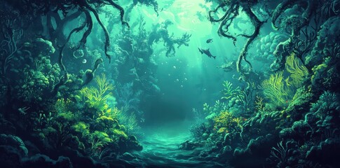Fototapeta premium Underwater Forest Scene With Dolphins and Coral Reefs