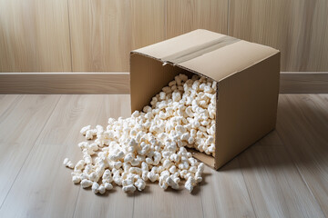 Cardboard box tipped over on wooden floor with packing peanuts spilling out in a cozy indoor setting