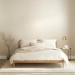 Minimalist bedroom with warm cream walls, a wood frame bed, and subtle brass decor