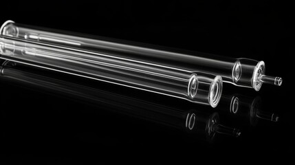 Close-up of laboratory test tubes and pipette against a dark black background, highlighting the concept of scientific research, advanced chemistry experiments, and cutting-edge laboratory analysis in 