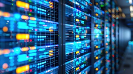 High-tech server room with illuminated data racks showcasing digital activity and connectivity