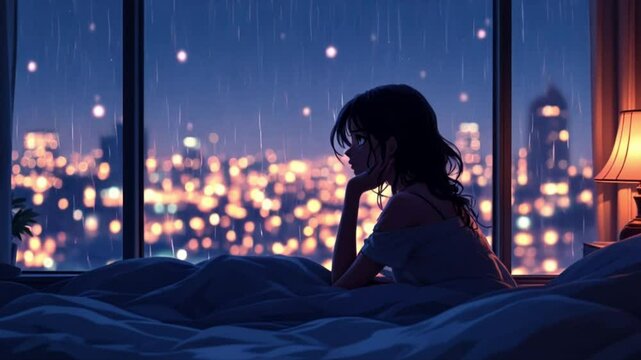 A girl sits on her bed watching the rain fall over a city at night