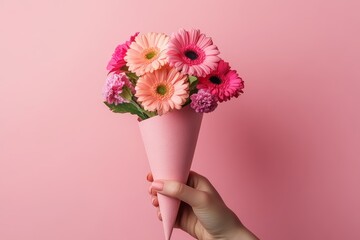 A hand holding a pink paper cone with flowers inside, on a solid background
