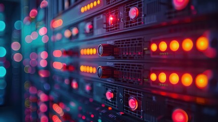 Close-up of illuminated server racks in a data center with vibrant LED indicators and blurred background