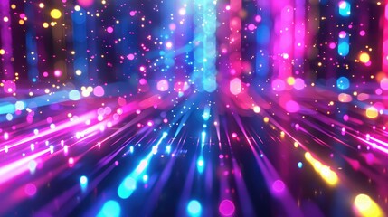 A vibrant display of colorful lights and particles creating a dynamic, energetic atmosphere.