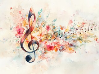watercolor painting of a treble clef with flowers and musical notes