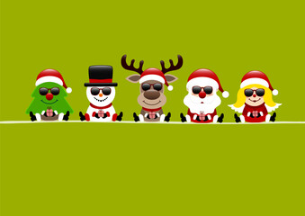 Karte Baum Schneemann Rentier Weihnachtsmann Und Engel Mit Sonnenbrille Hellgrün Dunkelrot