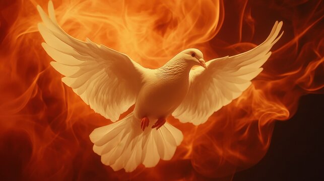 white dove with wings spread flying in front of fire and flames, spiritual symbolic image