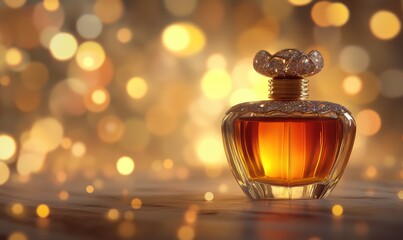 Luxurious perfume bottle with warm amber liquid, illuminated by soft bokeh lights, creating elegant and inviting atmosphere