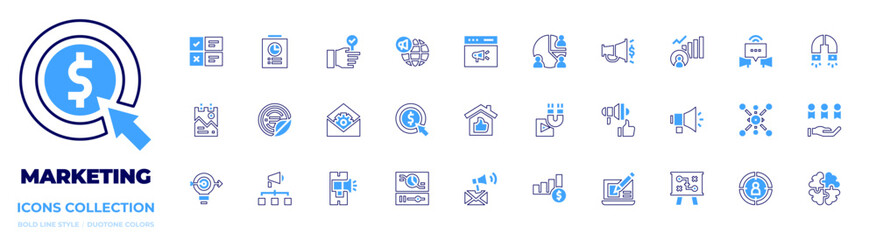 Marketing icon collection. Bold line style. Duotone colors. envelope, pay per click, viral marketing, mobile marketing, video marketing, poster, sticker, goal
