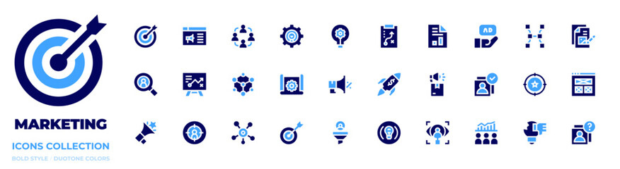 Marketing icon collection. Bold style. Duotone colors. target, campaign, affiliate marketing, market research, network, strategy, innovation, scheme, megaphone, rocket