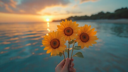 Sunflowers sunset beach ocean hand travel postcard
