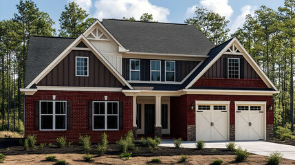 Naklejka premium Spacious Two-Story Brick House with Modern Craftsman Design