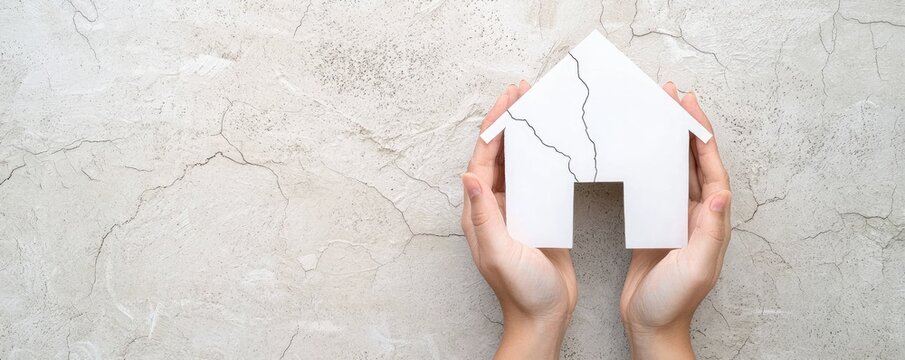 Household debt mortgage concept. A pair of hands holds a cracked model house, symbolizing issues related to housing, damage, and care.