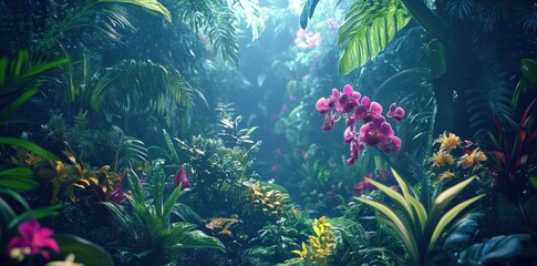 Fototapeta premium Lush Tropical Rainforest Scene With Vibrant Orchids