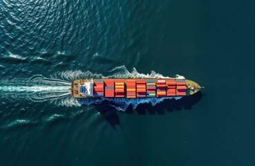 Cargo ship sails ocean. Colorful containers loaded on ship. Maritime transport. Aerial view shows vessel moving on water. International trade. Commercial shipping. Freight logistics. Transportation