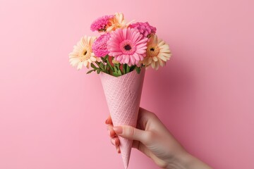 A hand holding a pink paper cone with flowers inside, on a solid background