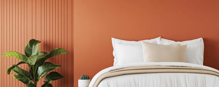Modern bedroom with terracotta accent wall and soft neutral bedding