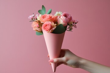 A hand holding a pink paper cone with flowers inside, on a solid background